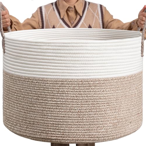 Image of INDRESSME Cotton Rope Basket Extra Large Woven Basket for Blankets Toy Basket Baby Laundry Basket with Big Handles Rope Hamper Storage Bin for Organizer Toy Pillow Living Room, 21 D x 14 H Inches