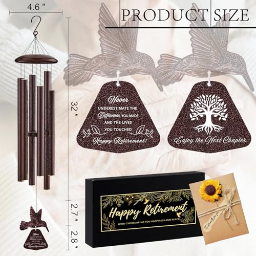 Image of Retirement Gift Wind Chime with Hummingbird, 32 inch Wind Chimes with Sunflower Greeting Card Happy Retirement Gifts for Women Men Colleague Boss Teachers Friends, Going Away Gifts for Coworker