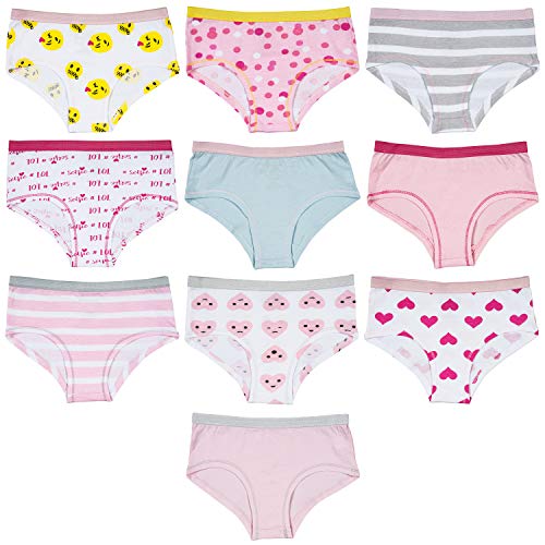 Trimfit Girls 100% Cotton Colorful Boyshorts Panties Tagless Underwear (Pack of 10), Emojis/Hearts, Large / 10-12