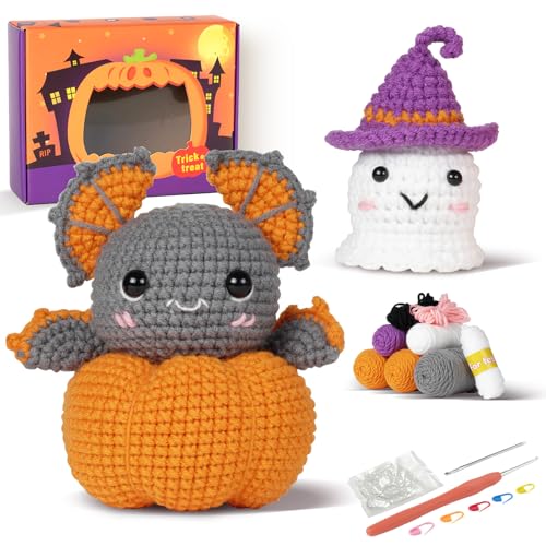 RongsiShun Halloween Crochet Kit for Beginners Pumpkin and Ghost Amigurumi Set with Step-by-Step Video Tutorials Extra Yarn & Hook DIY Craft Gift for Adults Teens Kids