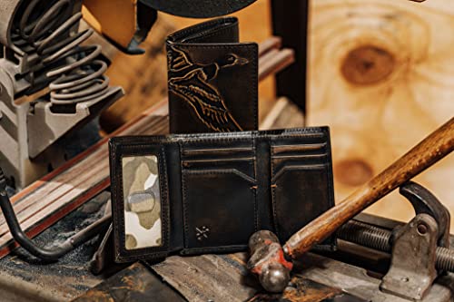 Image of House of Jack Co. Duck Men's Trifold Wallet, Full Grain Leather Hunting Wallet with ID Window, 8 Card Slots, Camo Lining, Embossed Duck, Duck Hunter Gift, Black
