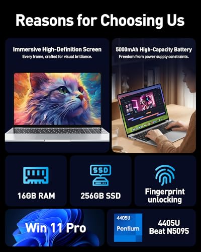 Image of 15.6 Inch Laptop, Windows 11 Pro Computer, Pentium 2.10GHz (Base Freq.), 16GB RAM, 256GB SSD (Up to 2TB), FHD IPS Display, Backlit Keyboard, Fingerprint Reader, for Student & Business
