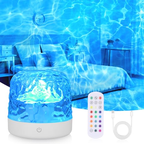JIZZU Veilleuse Adulte Skylight Lumiere LED avec Télécommande, Projecteur de Veilleuse D'ondes D'eau - 15 Lumières & Mode Lune, Réglables pour Décoration des Chambres,Enfants,adultes