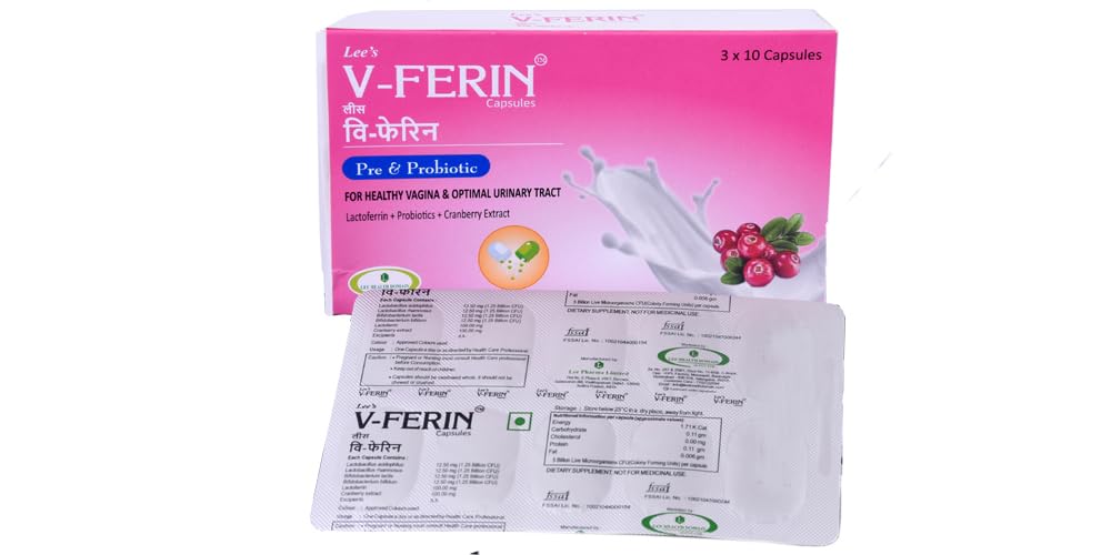 V Ferin Pre & Probiotics for Urinary Tract Infection and Immune Support, For Women, 30 Vegetarian Capsules-picture-23