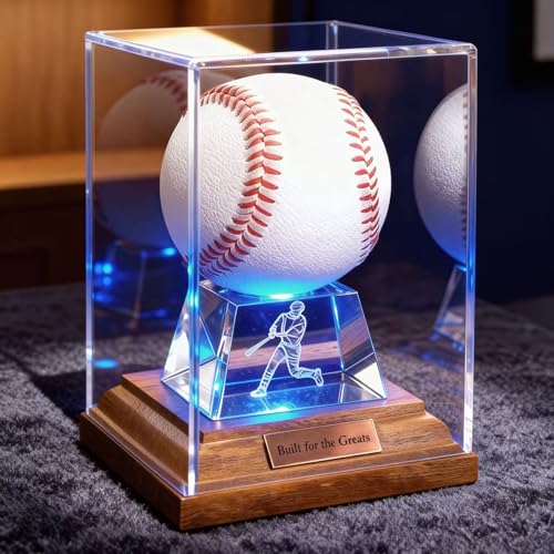 Baseball Display Case Baseball Display Stand with LED Lights Wooden Stand and a Bronze Medal Cube Baseball Holder Display Case Acrylic Clear Ball Protector for Memorabila Baseball Gifts