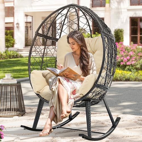 YITAHOME Outdoor Rocking Egg Chair with Cushioned Comfort, Wicker Patio Rocker 250lb Capacity, Anti-Slip, All-Weather Resilient Rattan Design for Indoor & Outdoor Relaxation Spaces, Beige Bl