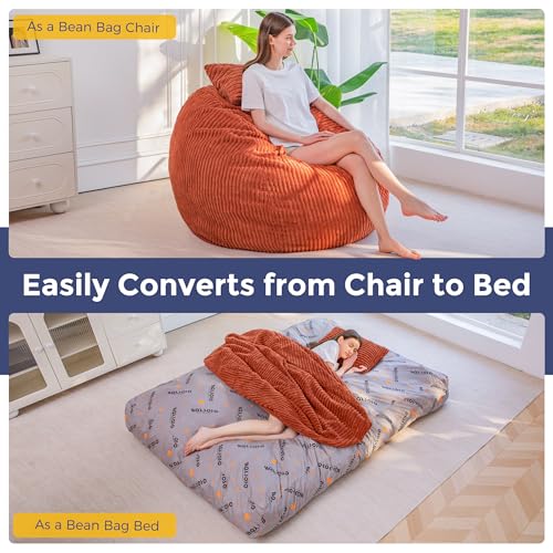 Image of MAXYOYO Giant Bean Bag Chair Bed with Pillow, Convertible Beanbag Sofa to Floor Bed, Lazy Chair Couch with Removable Cover, High-Density Shredded Foam Filling, Cozy Lounge for Bedroom Living Room