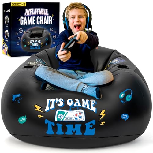 Inflatable Gaming Chair for Kids Floor Bean Bag Chair for Teens - Boys Room Furniture with Cup Holder and Side Pocket Inflatable Gaming Couch for Boys Room Cool Kids Blow Up Couch Decor for Teens