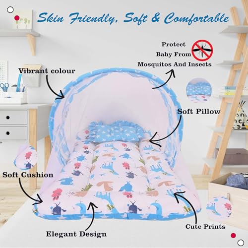 Image of Kwitchy Baby Bedding Set New Born Baby Bed | Mattress | Mosquito Net | Gadda Set | Bed | Cotton | Essential Combos | Gift Pack | Boys & Girls (0-6 Months) Blue (4PCS Set)