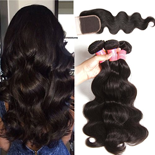 Brazilian Body Wave Bundles With Lace Closure Brazilian Virgin Hair Body Wave Unprocessed Remy Human Hair Weave Bundles Natural Color 100g/bundle (18 20 22+14free part closure)