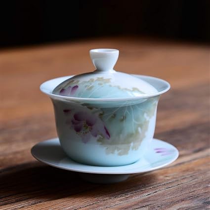 Jade mud Japanese Zijin line with God Tureen Ceramic Tea Bowls kung fu Tea Cup Home Brewing Bowl King (Color : Lotus Jade Mud)