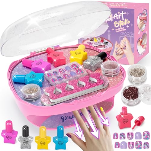 Girls Nail Polish Set, Toys for Girl Age 5 6 7 8 9 10, Nail Care Kit with Nail Polish, Nail Dryer, Fake Nails, Nail Glitter, Filer and Toe Separator, for Girls 5-8