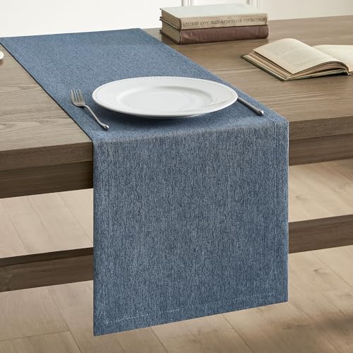 Image of ZeeMart Basic Linen Style Table Runner, 14x36 Inch Navy Blue | Mitered Corner Design, Medium Weight Fabric, Rustic Farmhouse Style, Machine Washable Easy Care Everyday Table Scarf