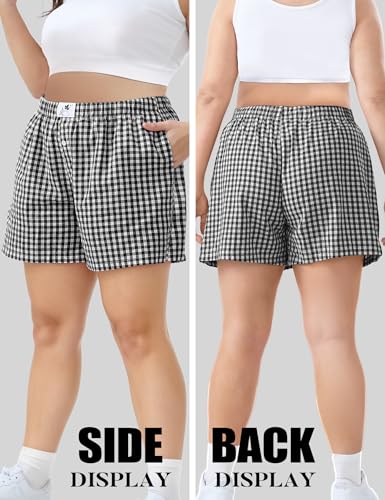 Image of COOTRY Plus Size Women Boxer Shorts Cotton Plaid Gingham Shorts Casual Pajama Sleep Shorts Y2K Beach Bottoms