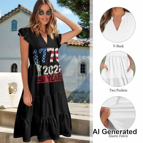 Image of Womens Summer Dress Ruffle Sleeve V Neck Dress Casual Fit Flowy Beach Vacation Sundress with Pocket S-2XL
