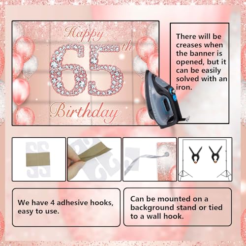 Image of Happy 65th Birthday Rose Gold Banner Cheers to 65 Years Old Backdrop Confetti Balloons Theme Decor for Women 65 Years Old Pink Birthday Party Decorations Bday Supplies Background Favors Gift Glitter