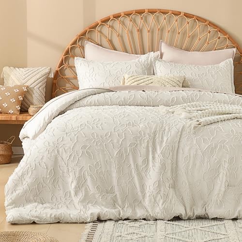 Image of Litanika California King Size Comforter Set Beige, 3 Piece Cal King Cream Boho Tufted Bedding, Oversized Farmhouse Bed Set with 2 Leaf Pattern Pillowcases(104x96In)