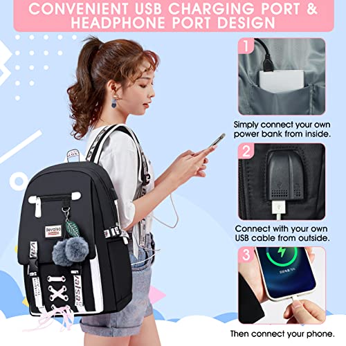 Bevalsa Backpack With Lunch Box For Girls Kids Middle High School College Student 20L Nylon Water Resistant Casual Daypack Children Schoolbag Bookbag With Usb Charging Port (Black) #TOP3