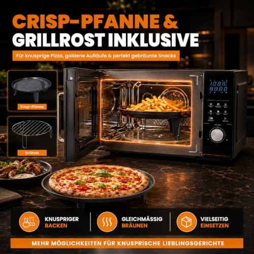 Sommertal 4in1 Mikrowelle 25L | 2200W, Grill, Airfryer, Touch, 8 Programme | Heißluft-Fritteuse & Konvektion, 60 Min Timer, Kindersicherung, Express-Start, Schwarz, Tischmikrowelle, inkl. Crisp-Pfanne – Bild 5