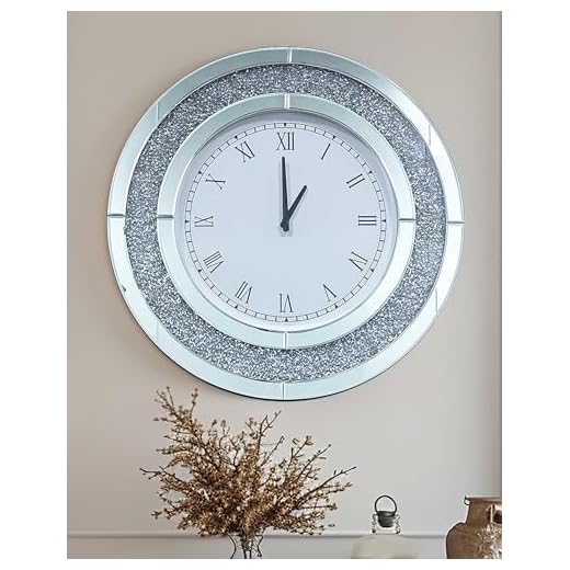 Crushed Diamond Wall Clock: 24 inch Round Decorative Mirrored Clock with Silver Glass Beveled Mirror Edge Frame and Bling Diamonds, Art Deco Home Modern Decoration for Livingroom