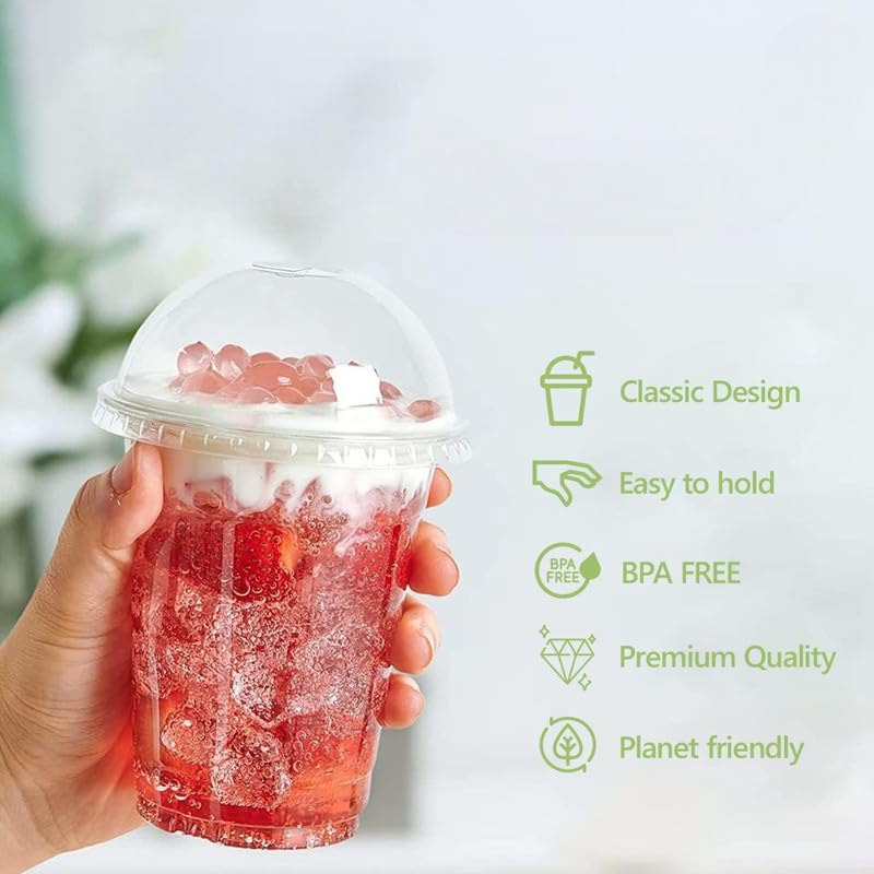 Strong Clear Plastic Smoothie Cups with Dome Lids Reusable, Crystal Clear, Durable, and Leak-Proof | Perfect for Juices, Milkshakes, Iced Coffee, and Beverages| Pack of 50, Size 12oz (355ml) - Image 2