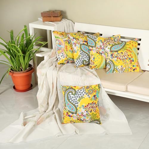 Image of Cushion Cover 24 inch x 24 inch Set of 5 Cotton Paisley Yellow Large Size Sofa Pillow Cushion Covers 60x60 cm for Boho Home Decor Traditional Print Big Size (Only Covers)