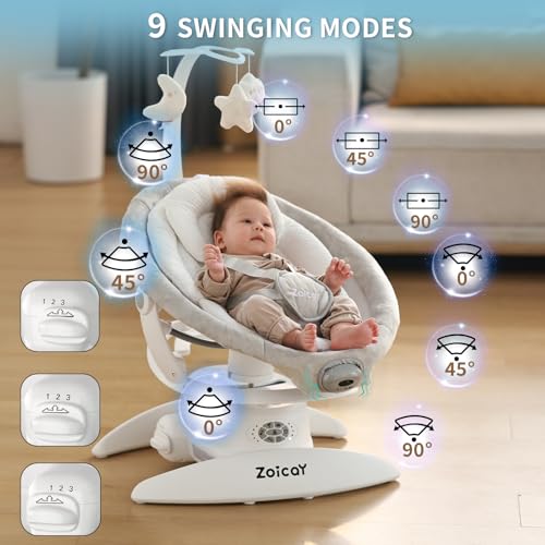 Baby wippe Zoicay 3-in-1 Babywippe Elektrisch für Neugeborene mit 9 modi 360° Drehbar und Schaukel Automatisch Timing Musik Funktion, Fernbedienung & Bluetooth Control für Indoor&Outdoor (Weiß)
