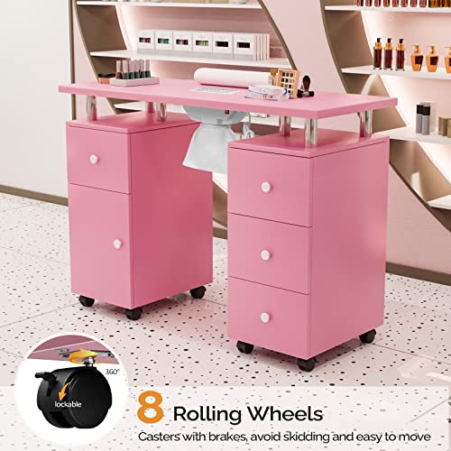 OmySalon Manicure Table Nail Desk for Nail Tech, Nail Table Station w/Electric Dust Collector, Nail Makeup Beauty Salon Storage Acetone Resistant w/Lockable Wheels,Wrist Cushion,4 Drawers&Cabinet