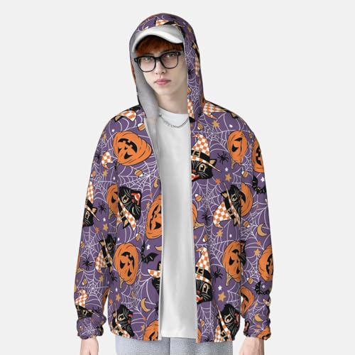 Vintage Halloween Black Cat Print Men'S Women Full Zip Sun Protection Long Sleeve Sun Shirts For Men Hiking Fishing-2