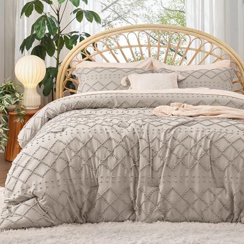 Image of Bedsure Queen Comforter Set - Linen Comforter, Boho Tufted Distressed Vintage Bedding for Kids, 3 Pieces Farmhouse-Style Bed Set for All Seasons, Fluffy Soft Bedding with 2 Pillow Shams