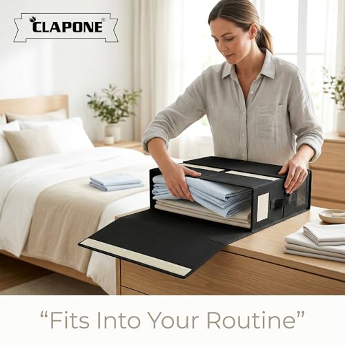 Image of CLAPONE Bedsheet Organizer Storage Box, Foldable Clothes Storage Container, Non-Woven Closet Organizer for Bedding, Blankets, Comforters & Underbed Storage (Black, Pack Of 4)