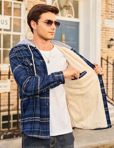 Cotrasen Mens Flannel Jacket Cotton Heavy Thick Sherpa Fleece Lined Plaid Shirt Jackets Warm Button Up Winter Coats with Hood3