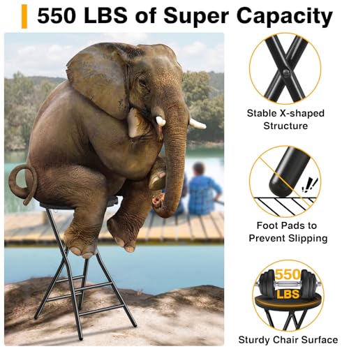 Image of Portable Folding Chair with Handle, Heavy Duty Round Fold Stool Chair | 550lbs Capacity for Adults, 24 Inch Foldable Stool for Dorm, Kitchen, Vanity, Church and Outdoor use