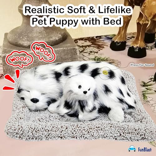 Image of FunBlast Sleeping Cute Dog with Puppy - Realistic Soft & Lifelike Pet Puppy with Bed for Car Dashboard and Home Decor, Sleeping Dog Soft Toy (White-Black)