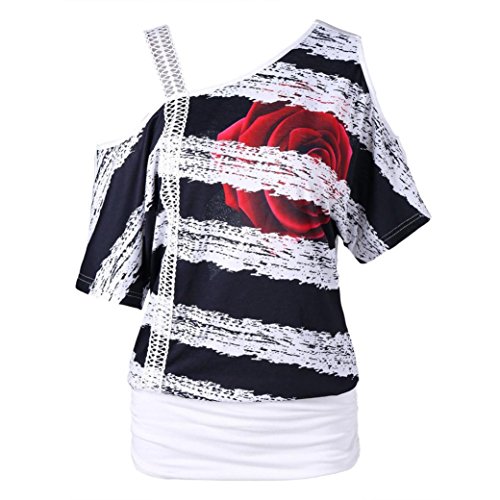 TITIU Mode Damen Casual Kurzarm Skew Neck Trägerlosen Blumendruck T-Shirt Tops Oberteil Bluse Tees(Weiß,2XL) Cover