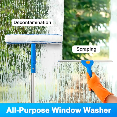 Image of ARTIPOLY Squeegee for Window Cleaning, 14 inch Extra-Large Squeegee & Microfiber Scrubber Combi with 60 inch Stainless Steel Pole, Window Cleaning Kit for Shower Glass Mirror Door Car-2 Pads