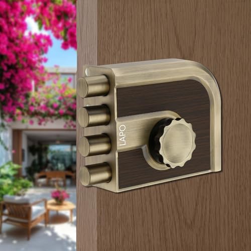 Image of LAPO Mega Bolt Heavy Duty Door Lock, Four Bullet Deadbolt for Main Wooden Door, One Side Key, Fits Left & Right Hand Doors, High Strength, Premium Security,3 Years Warranty(,Antique Finish)