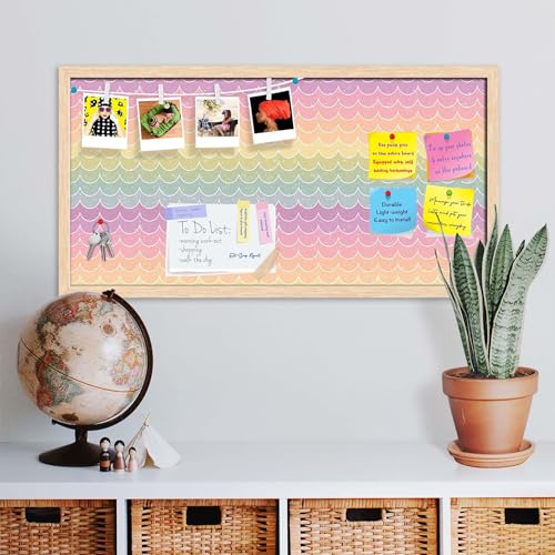 Image of ArtzFolio Wavey | Bulletin Board Notice Pin Board | Vision Soft Board Combo with Thumb Push Pins & Sticky Notes | Natural Brown Frame | 30 x 15 inch (76 x 38 cms)