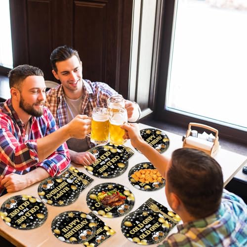 Image of 96 Pcs A Cold One for The Old One Party Decorations Black Gold Tableware Set for Men Party Favor Cheers Birthday Party Plates and Napkins for 30th 40th 50th Dinnerware Supplies for 24 Guests