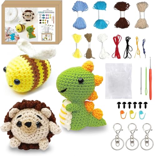 Ruikdly Kit per Uncinetto per Principianti Kit per Animali all'uncinetto con Lana per Uncinetto e Video con 3 Ganci Aragosta Crochet Kit Accessori per Bambini Adulti (Riccio/Ape/Dinosauro)