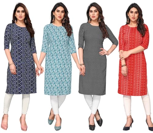 Image of JAKHANA Women's Crepe Printed Casual Straight Calf Length Round Nick Kurta Pack of 4