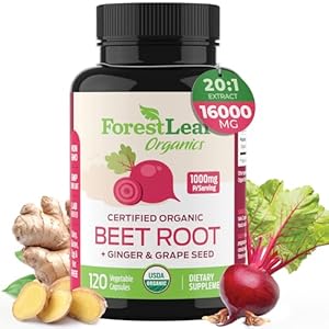 ForestLeaf Organic Beet Root Capsules – with Ginger & Grape Seed 16000mg Strength 20:1 Extract, Supports Nitric Oxide Production, Beets Supplements with Organic Non-GMO Beetroot Powder 120 Veggie Caps