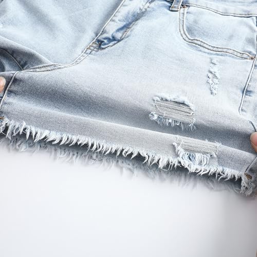 Image of THUNDER STAR Women Mid Rise Ripped Stretchy Jeans Shorts Frayed Raw Hem Casual Denim Shorts