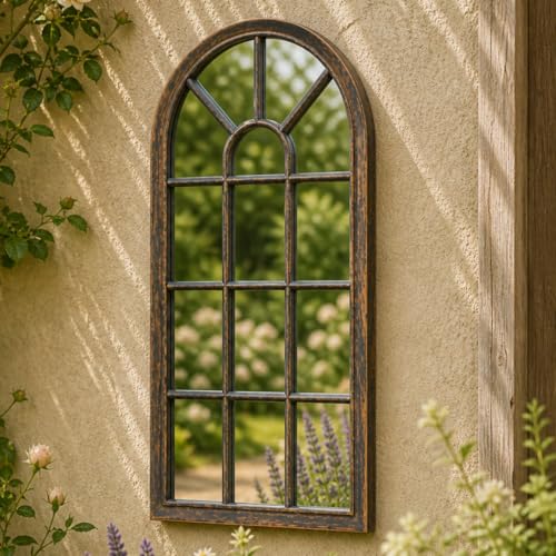 Garden Mirror Arched Weatherproof Antique Bronze Effect Outdoor Mirror for Wall Fence or Shed Decorative Window Style Wall Art for Patio Courtyard or Garden 70cm Rust-proof Shatter-resistant