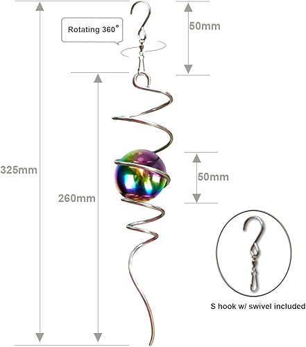 Miniatura 2 de Fonmy Bola de observación cola en espiral, hilandero decorativo de viento de 11 pulgadas y orbe de acero de 2 pulgadas. Decoración de jardín para