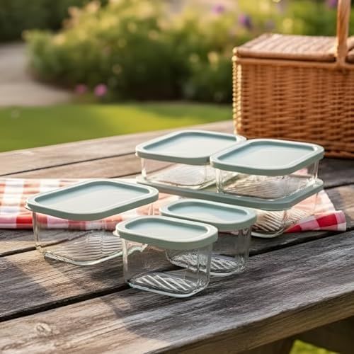 Image of Femora Borosilicate Glass Food Storage Containers with Lids Set of 6 (310ml x2, 520ml x2, 750ml, 1200ml | Rectangular, Airtight & Leakproof | Microwave & Dishwasher Safe | Green