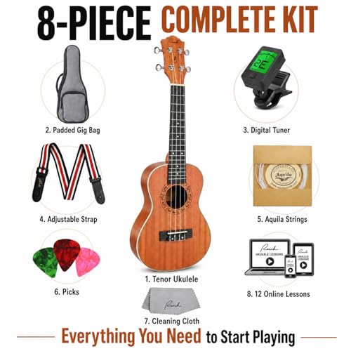 Image of Ranch Tenor Ukulele 26 inch Wooden Professional ukelele Instrument Kit with 12 Online Lessons Small Hawaiian Guitar ukalalee Starter Pack Bundle Ukele Gig bag, Tuner, Strap, Aquila Strings Set