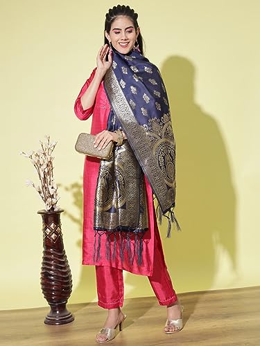 Image of VredeVogel Women's Cotton Silk Blend Straight Kurta Trouser With Dupatta Set