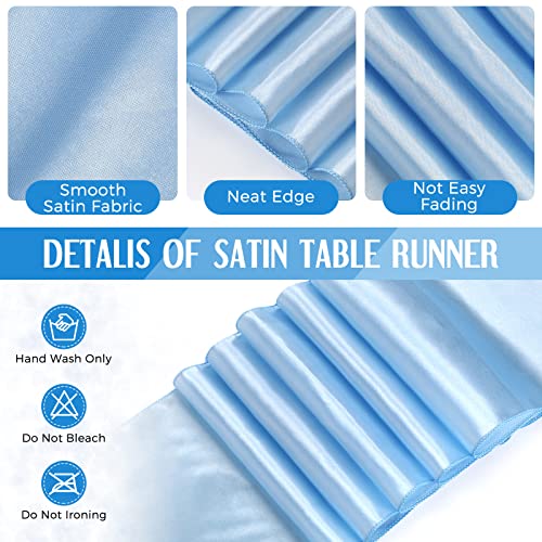 Image of Breling 8 Pack Winter Baby Blue and White Disposable Plastic Tablecloths and Satin Table Runner Set, 54 x 108 Inch Tablecloth, 12 x 108 Inch Table Runners for Wedding Birthday Baby Shower New Year