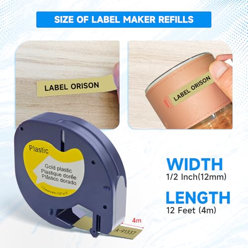 Label Orison Compatible with Dymo LetraTag Refills 12mm Plastic Label Tape for DYMO Label Maker LetraTag LT100H LT100T 200B QX50, Black on Yellow/Red/Green/Blue/Gold, 1/2" x 13'(12mm x 4m), 5Pack by Label Orison - Used condition - Image 7
